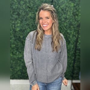 Moon Ryder Gray Mineral Acid Wash Corded Pull Over 100% Cotton Sweatshirt